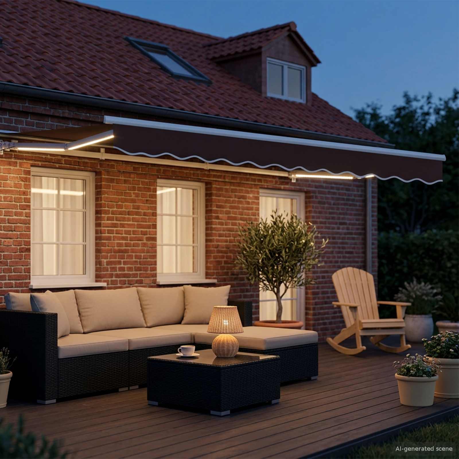 Handmatige Luifelhouder met LED's Bruin en wit 3 x 2 m – afbeelding 3