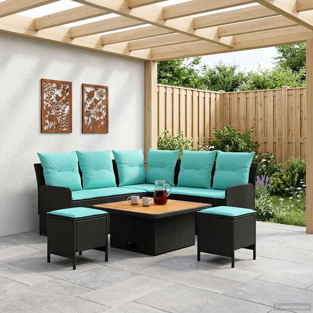 Meubelsets met kussen 6 pcs Zwart en Turquoise PE Rattan