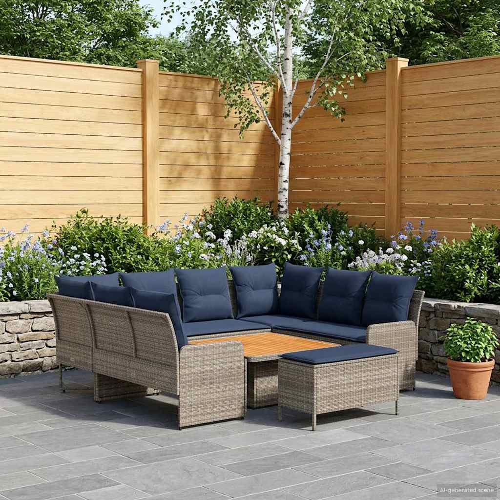 Meubelsets met kussen 7 pcs Grijs en Marineblauw PE Rattan