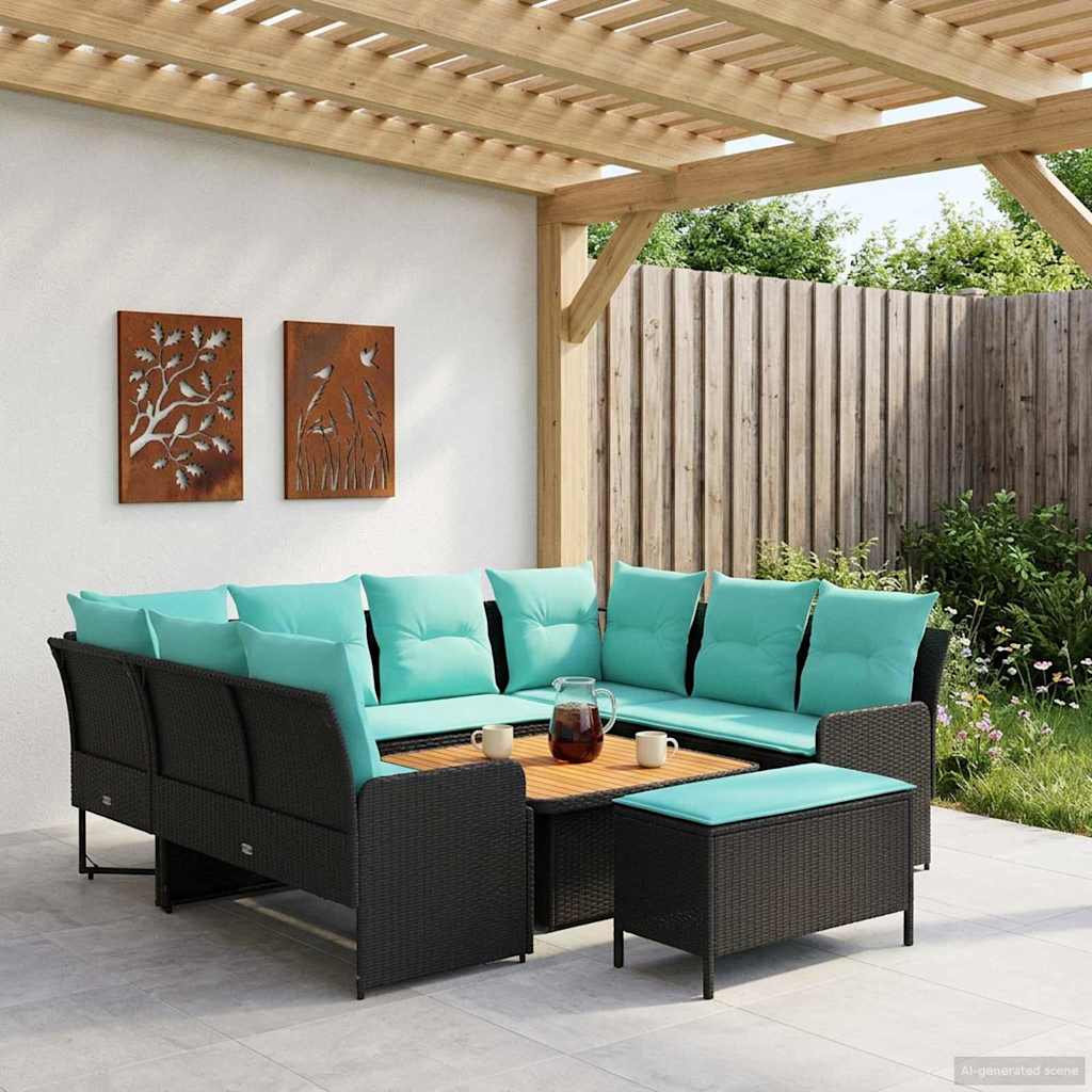 Meubelsets met kussen 7 pcs Zwart en Turquoise PE Rattan