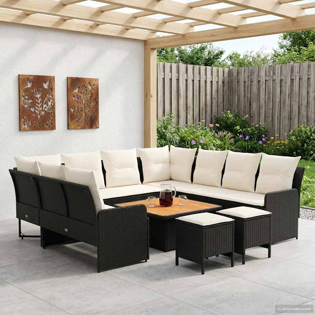 Meubelsets met kussen 8 pcs Zwart en Crème PE Rattan