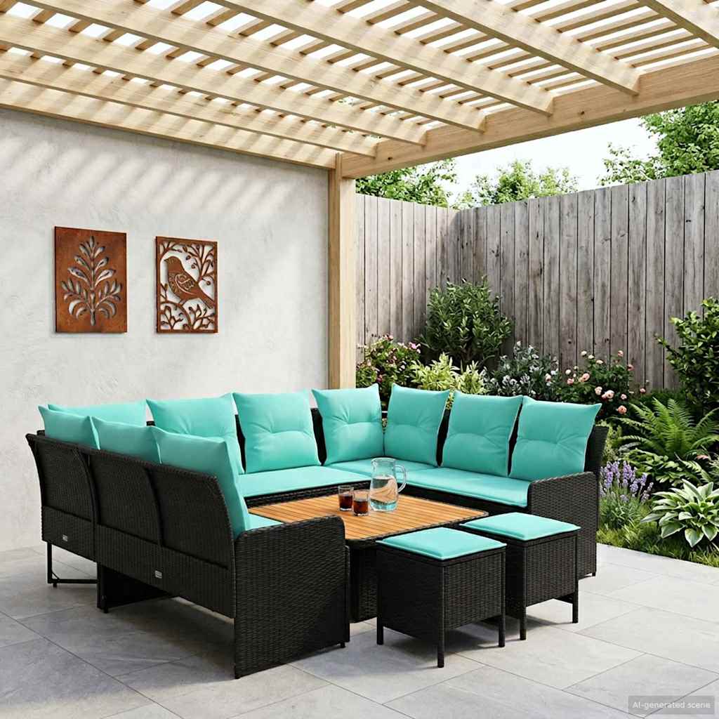 Meubelsets met kussen 8 pcs Zwart en Turquoise PE Rattan – afbeelding 1