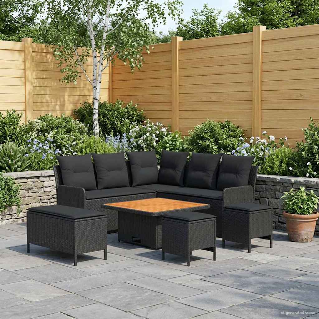 Meubelsets met kussen 7 pcs Zwart PE Rattan – afbeelding 1