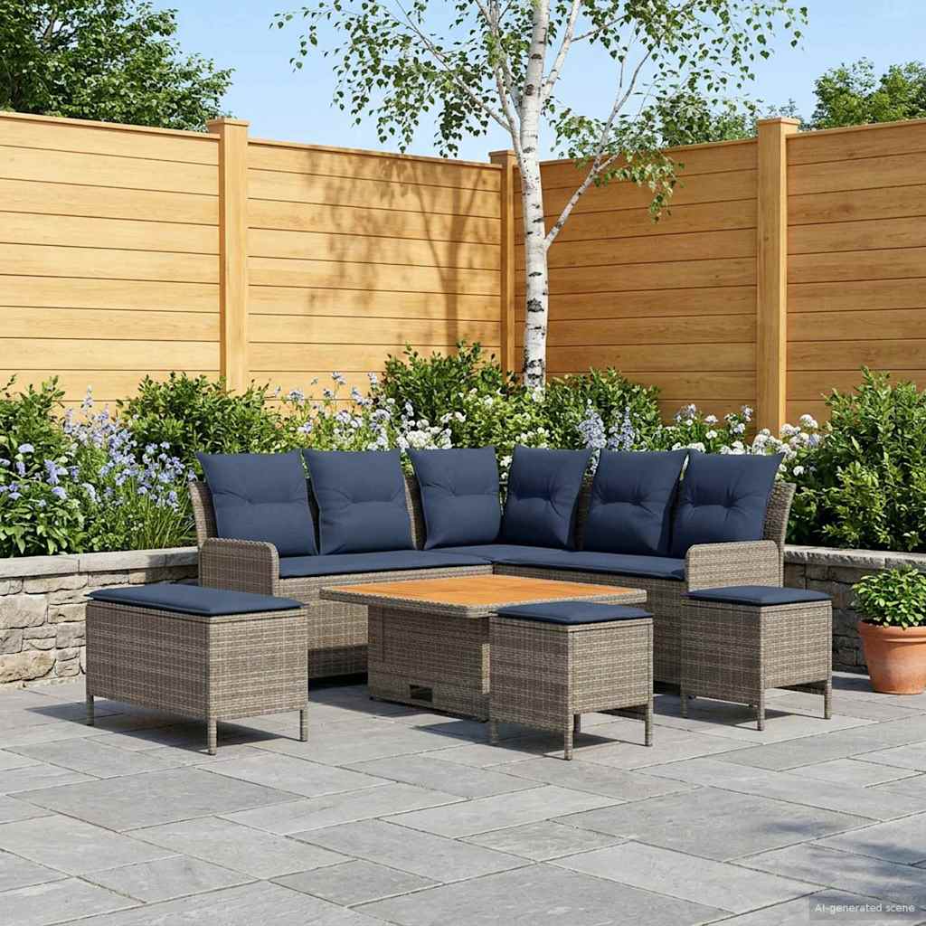 Meubelsets met kussen 7 pcs Grijs en Marineblauw PE Rattan – afbeelding 1