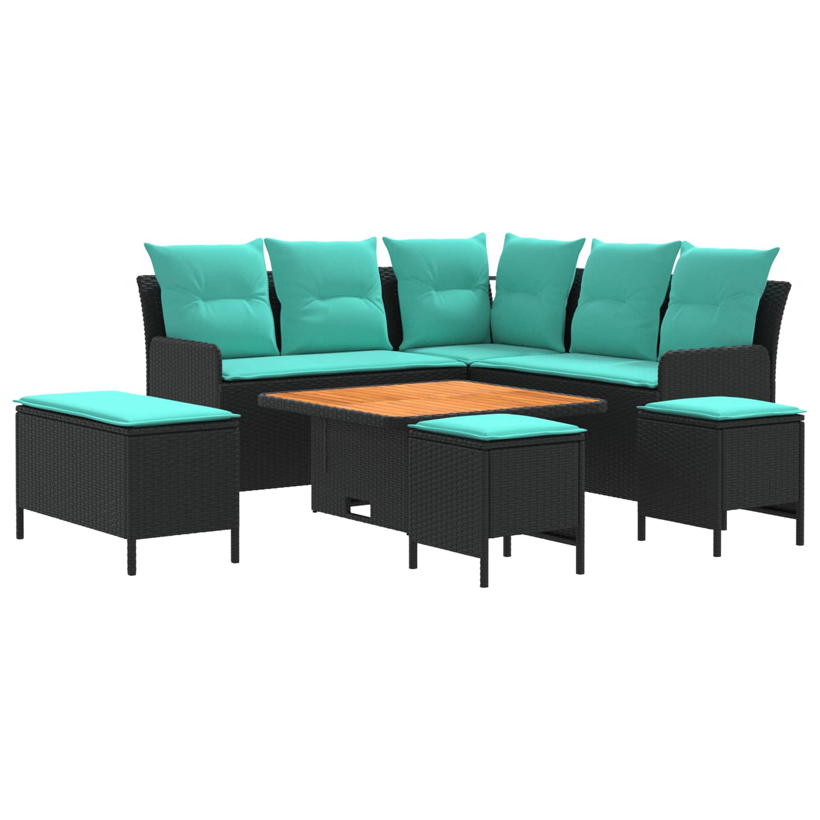 Meubelsets met kussen 7 pcs Zwart en Turquoise PE Rattan – afbeelding 1