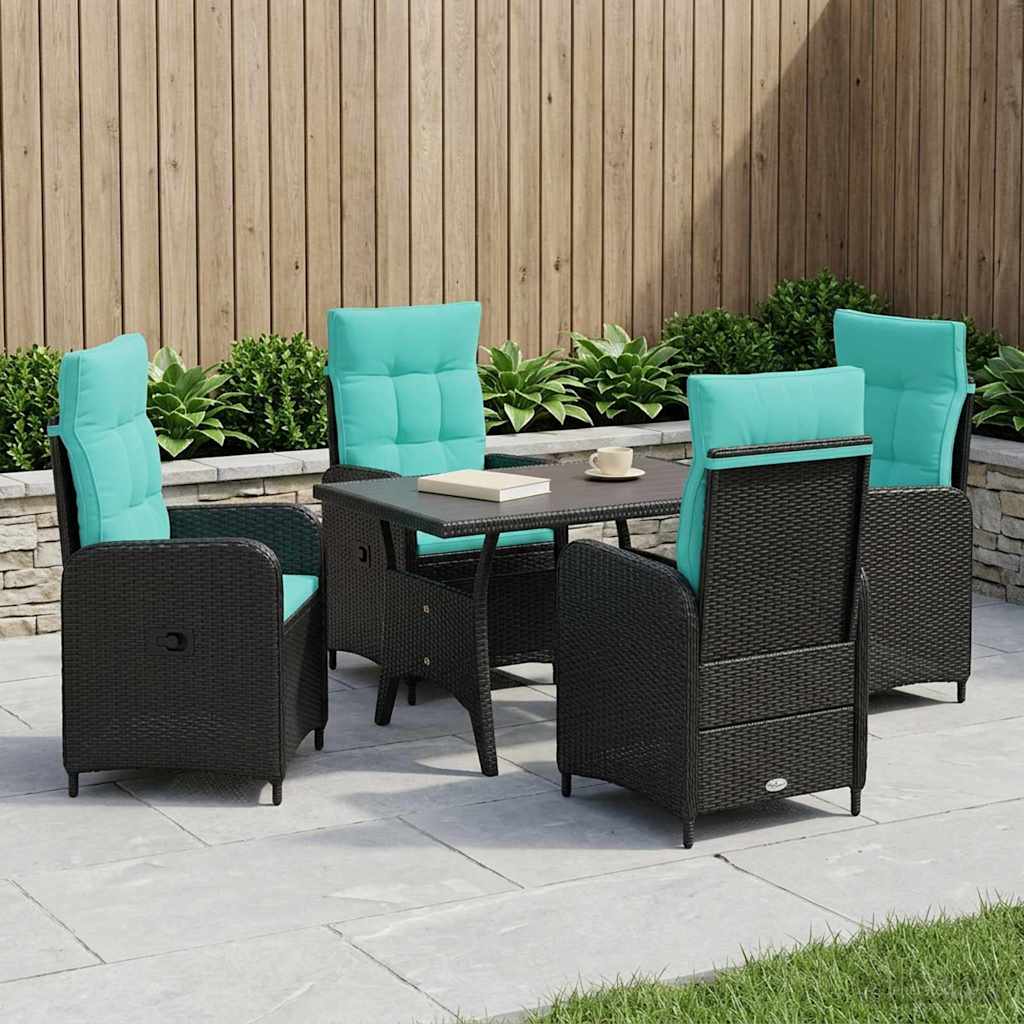 Buiten eettafelset 5 pcs Zwart en Turquoise poly rattan – afbeelding 1