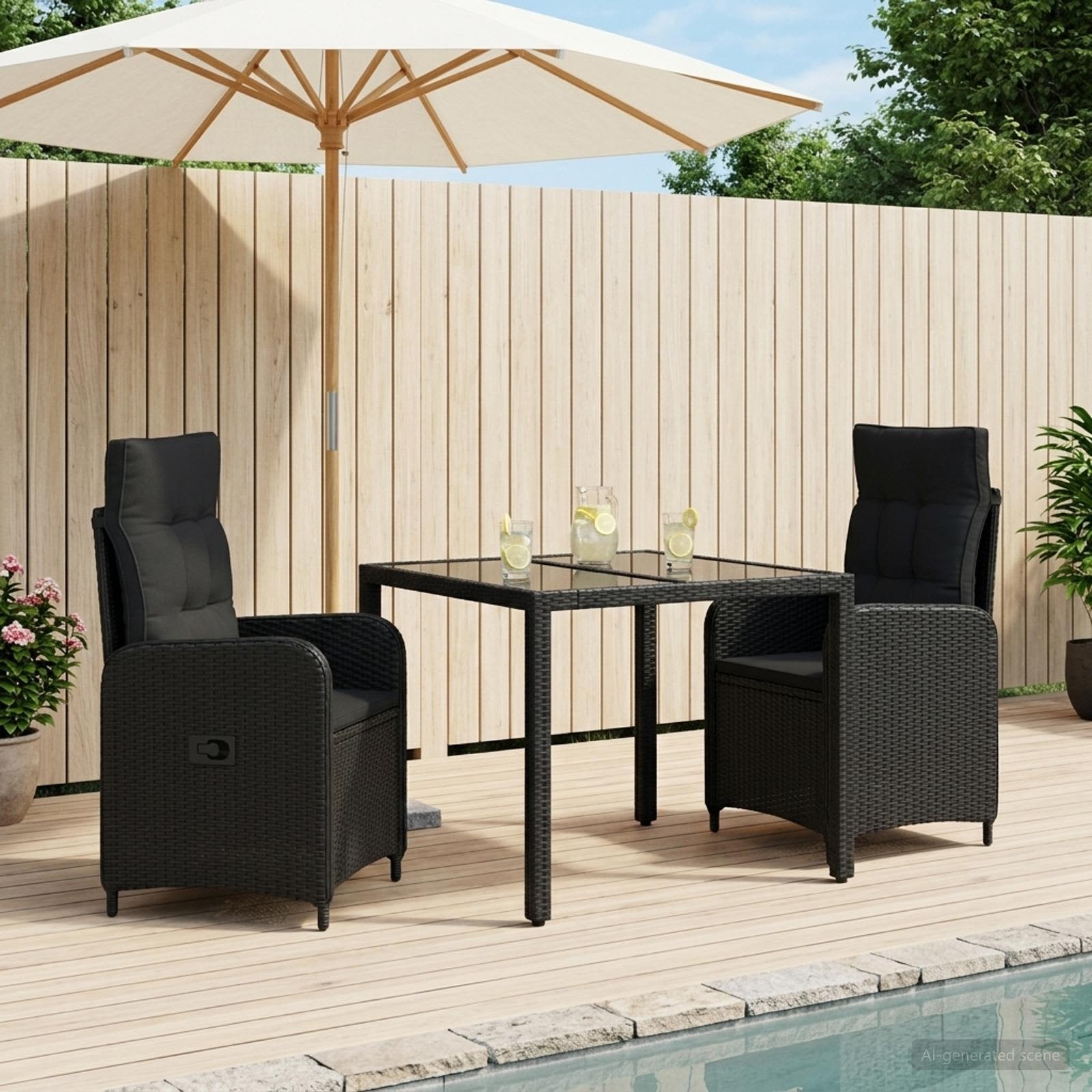 Buiten eettafelset 3 pcs Zwart 90 x 90 x 75 cm poly rattan – afbeelding 1