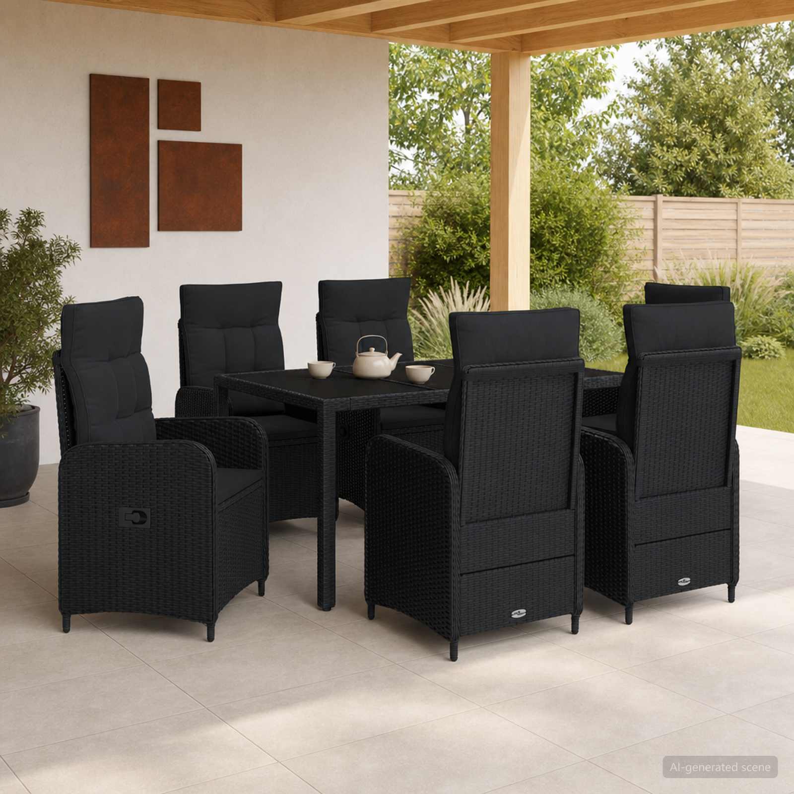 Buiten eettafelset 7 pcs Zwart 150 x 90 x 75 cm poly rattan – afbeelding 1