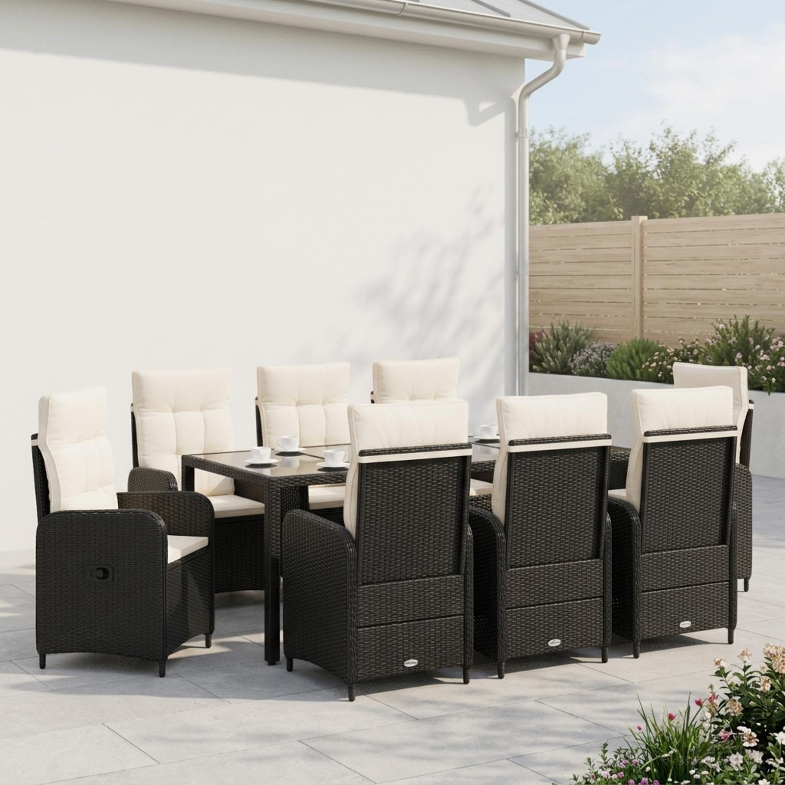 Buiten eettafelset 9 pcs Zwart en Cream Wit 190 x 90 x 75 cm