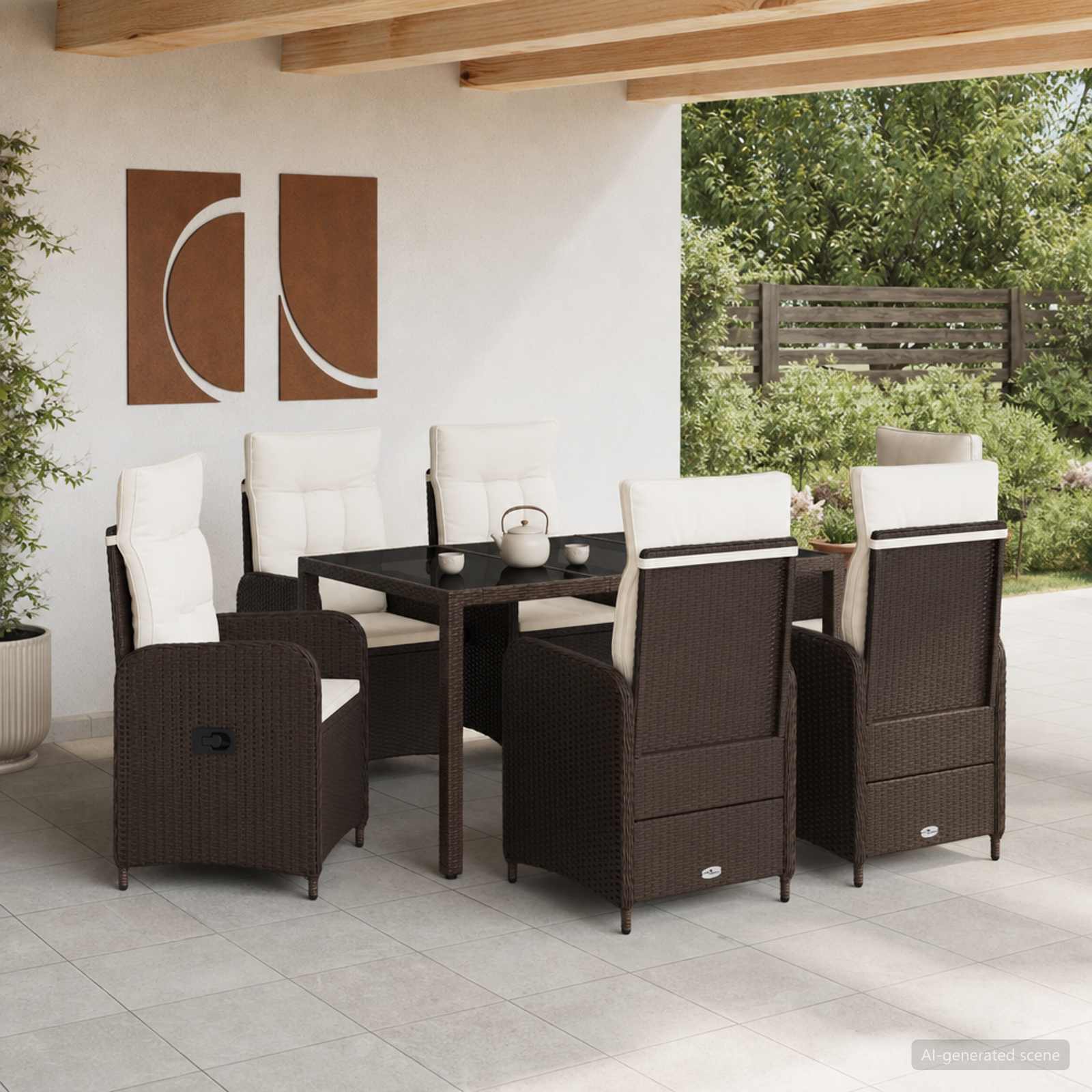 Buiten eettafelset 7 pcs Bruin en Crème Wit 150 x 90 x 75 cm – afbeelding 1