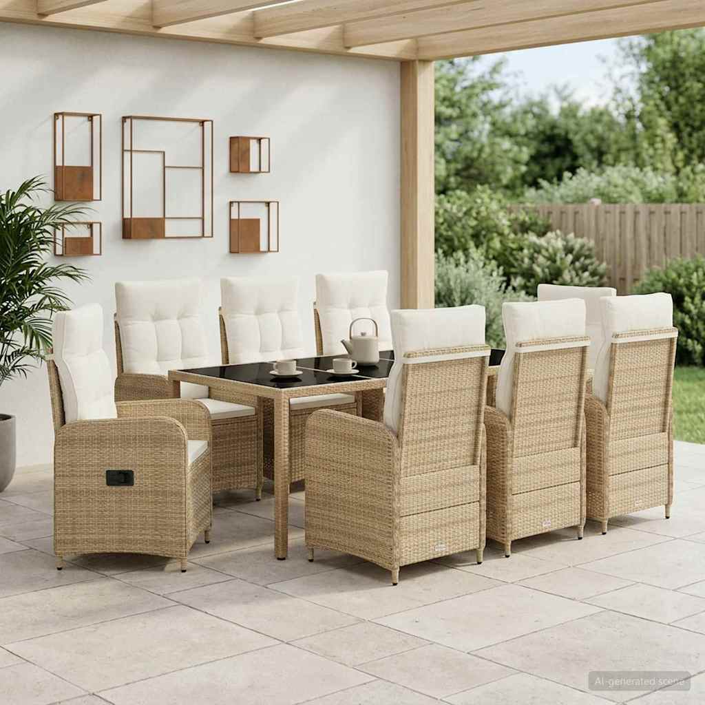 Buiten eettafelset 9 pcs Beige en Crème Wit 190 x 90 x 75 cm
