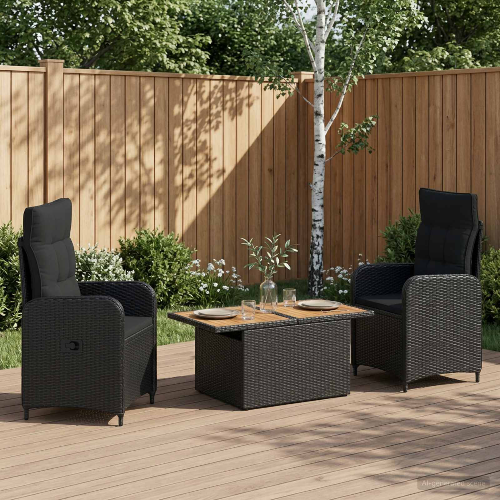 Buiten eettafelset 3 pcs Zwart Poly Riet en Acaciahout