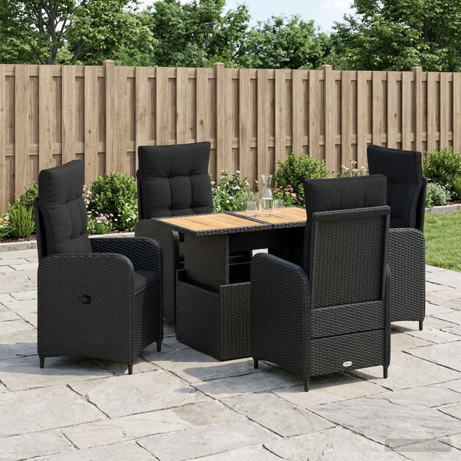 Buiten eettafelset 5 pcs Zwart Poly Riet en Acaciahout – afbeelding 1