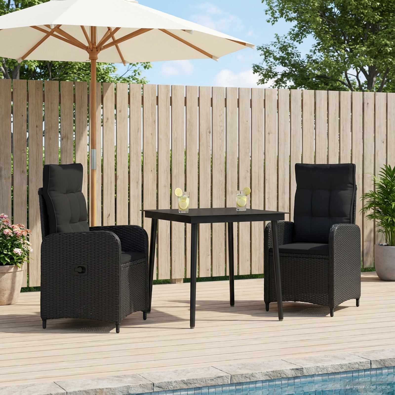 Bank tafel set 3 pcs Zwart PE Rattan en Poeder-Coated Staal