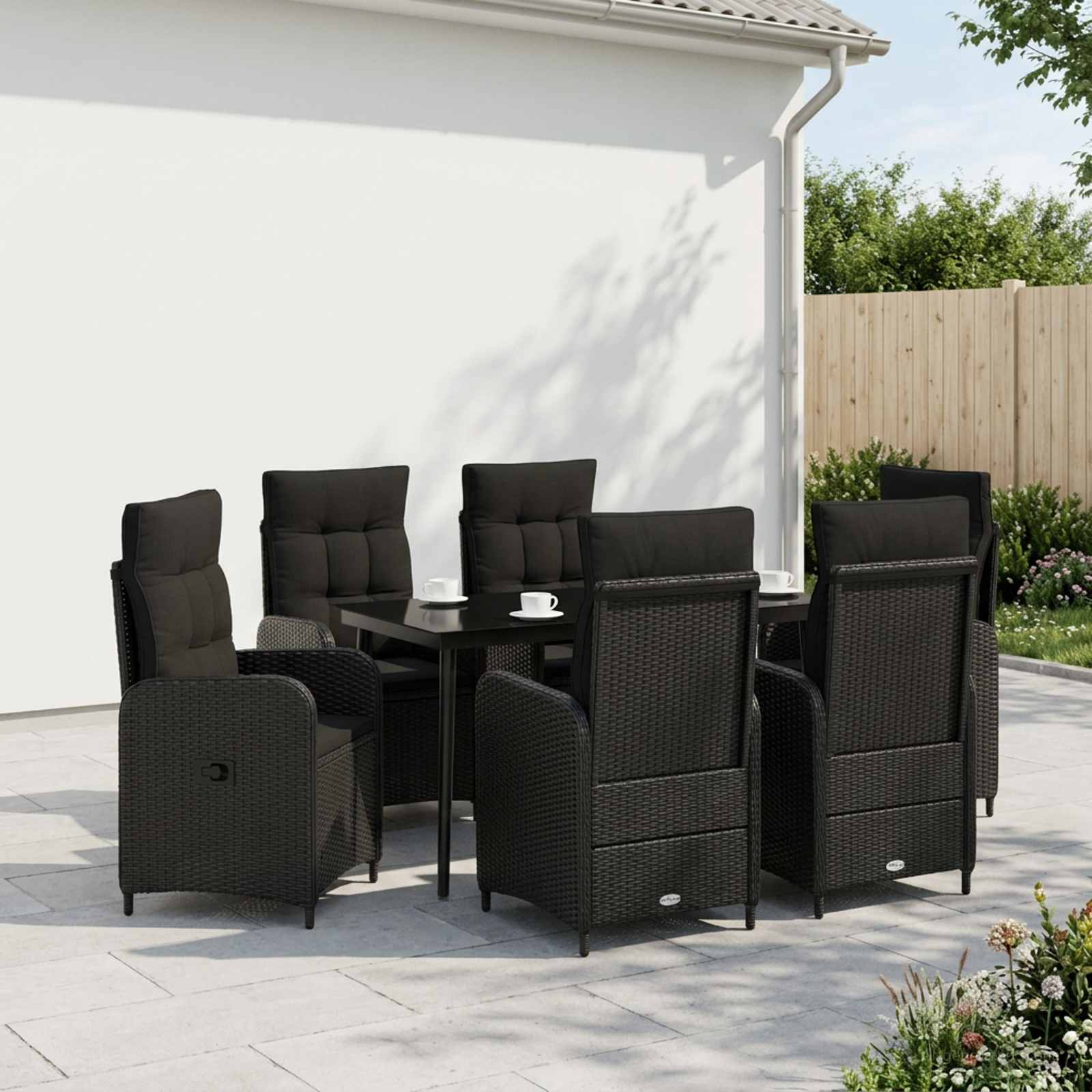 Bank tafel set 7 pcs Zwart PE Rattan en Poeder-Coated Staal