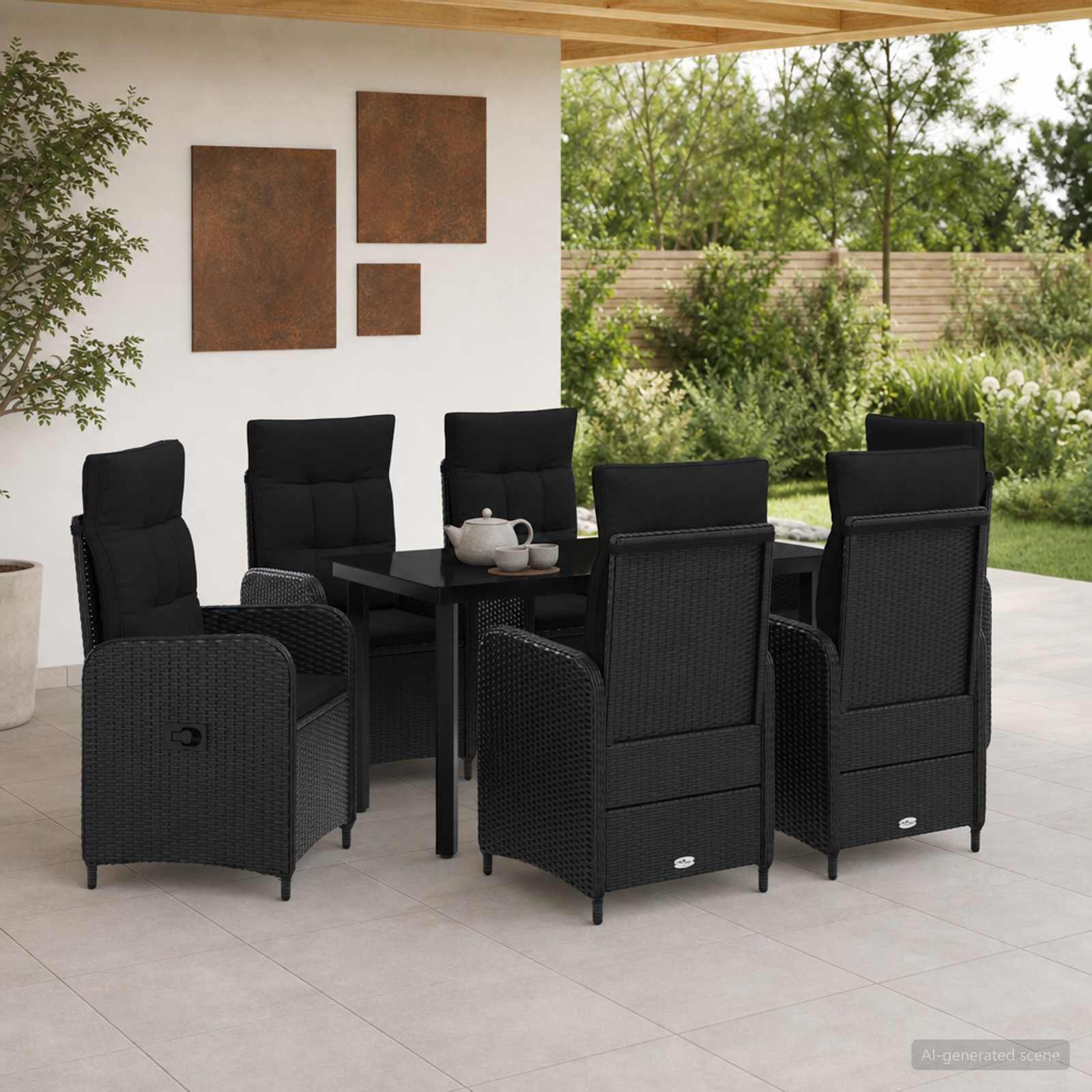 Bank tafel set 7 pcs Zwart PE Rattan en Poeder-Coated Staal – afbeelding 1