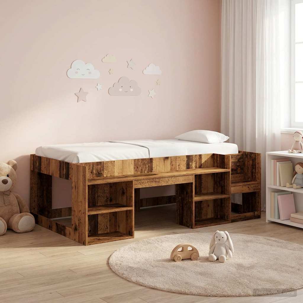 Jeugd bedframe met opbergruimte Oud hout 90 x 200 cm – afbeelding 1