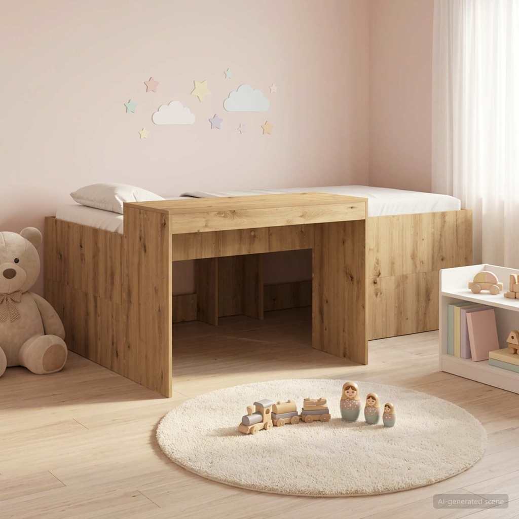 Hoge Bed Frame met Bureau voor Kinderen Artisanaal eiken – afbeelding 1