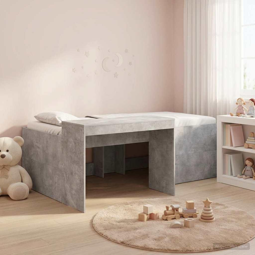 Hoge Bed Frame met Bureau voor Kinderen Betongrijs Bewerkt hout – afbeelding 1
