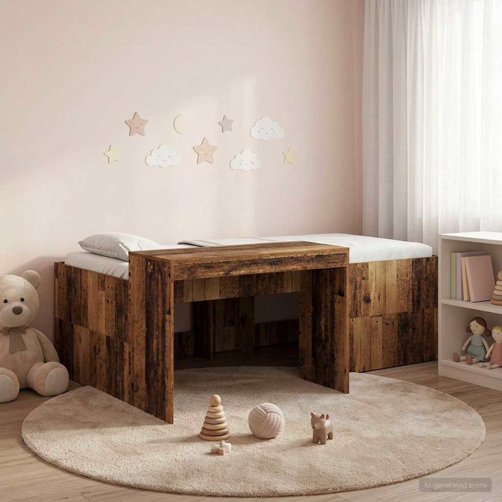 Hoge Bed Frame met Bureau voor Kinderen Oud hout 98.5 x 200 cm – afbeelding 1