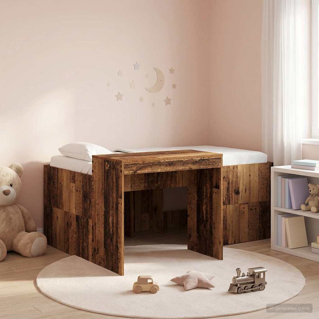 Hoge Bed Frame met Bureau voor Kinderen Oud hout Bewerkt hout – afbeelding 1