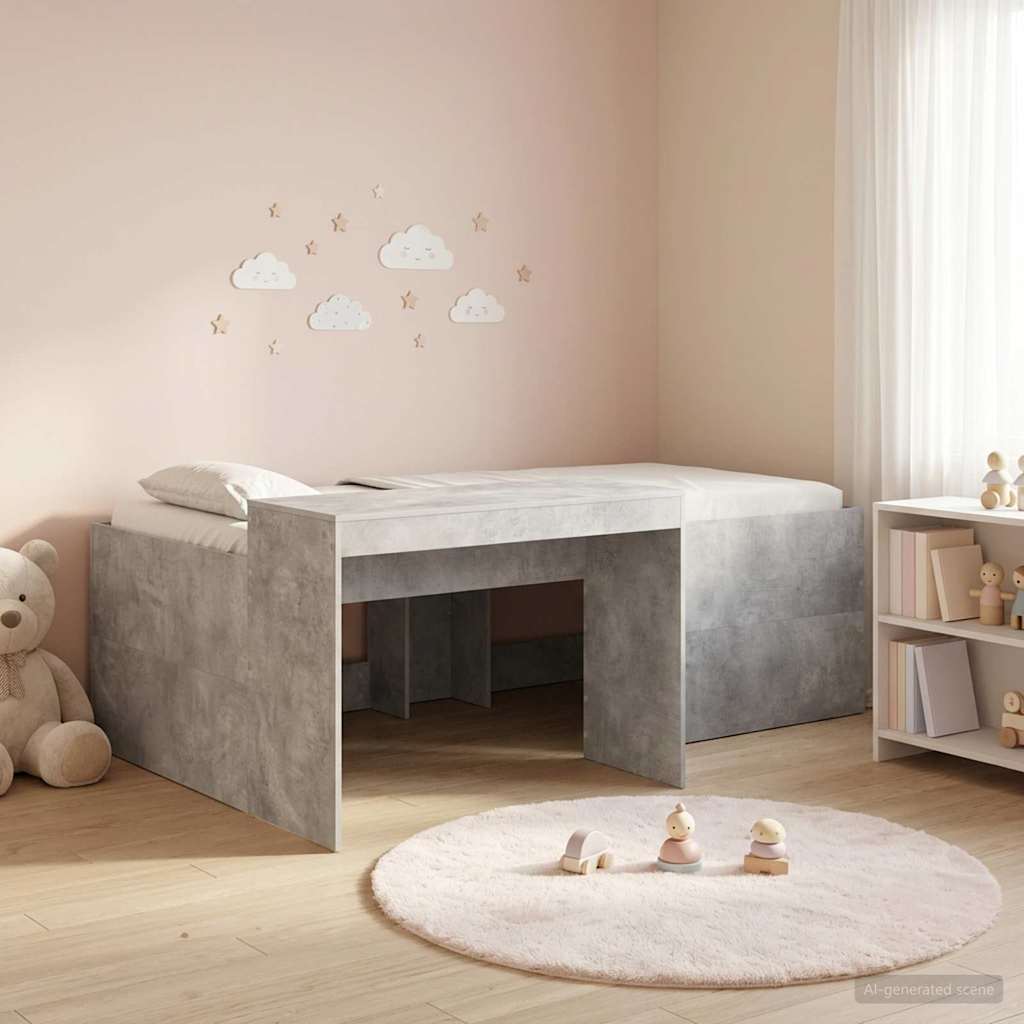 Hoge Bed Frame met Bureau voor Kinderen Betongrijs Bewerkt hout – afbeelding 1