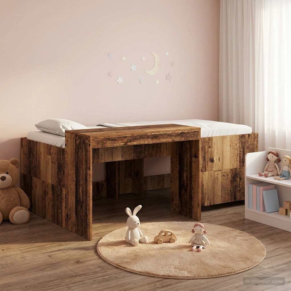 Hoge Bed Frame met Bureau voor Kinderen Oud hout Bewerkt hout – afbeelding 1