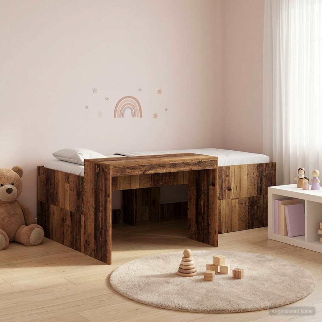 Hoge Bed Frame met Bureau voor Kinderen Oud hout 75 x 190 cm – afbeelding 1