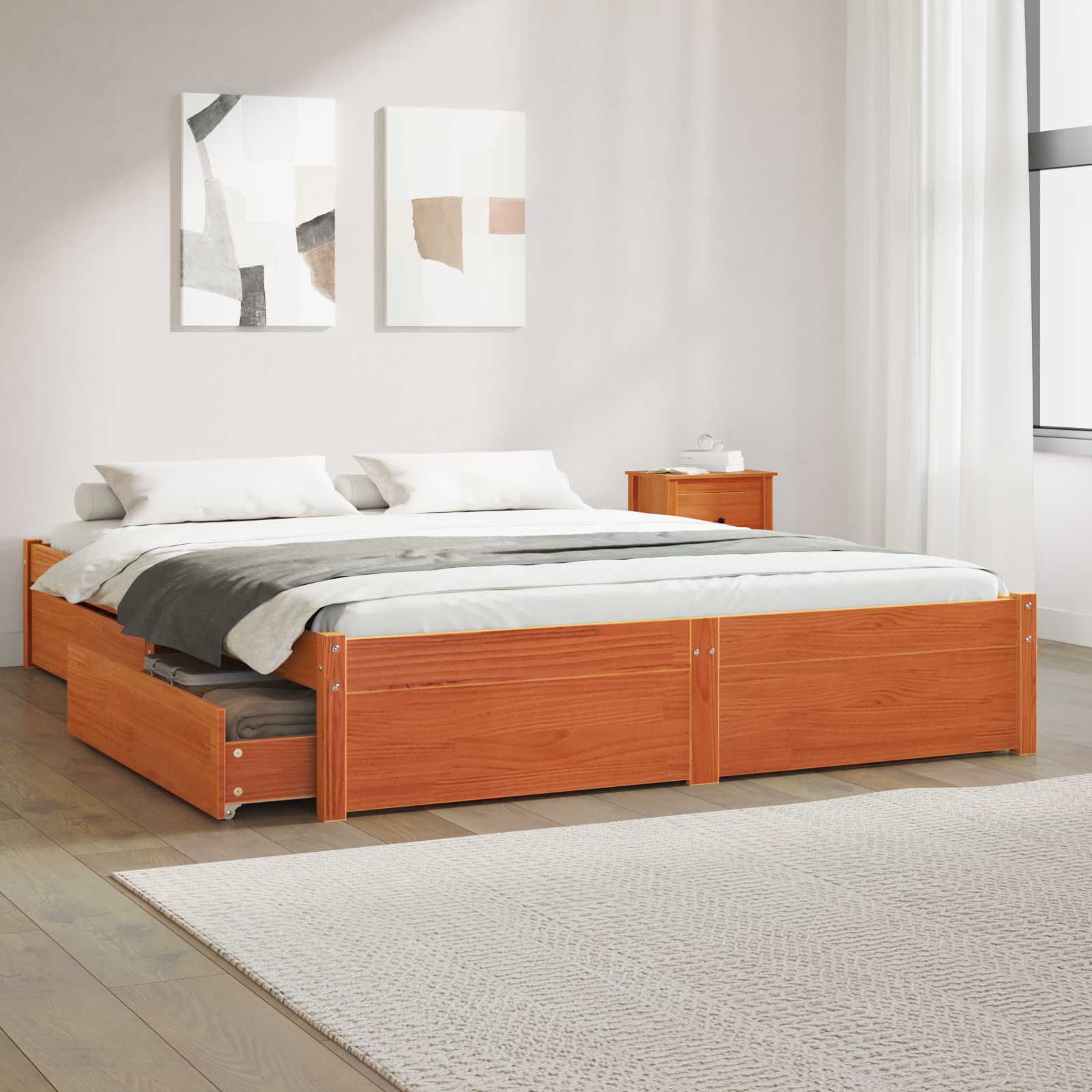 Bedframe met lade Wasbruin 140 x 200 cm Massief Vurenhout – afbeelding 1