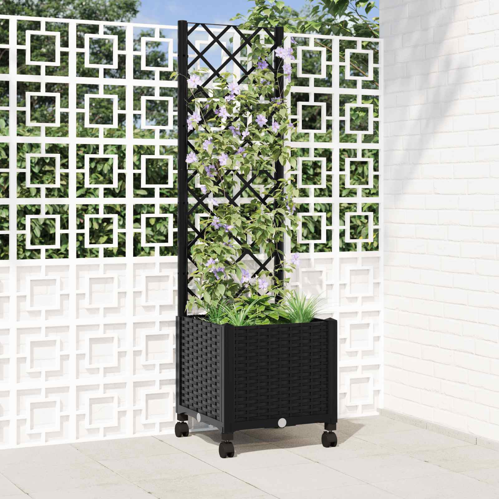 Tuinplantbak met schutting en wielen Zwart 40 x 40 x 146 cm PP – afbeelding 1
