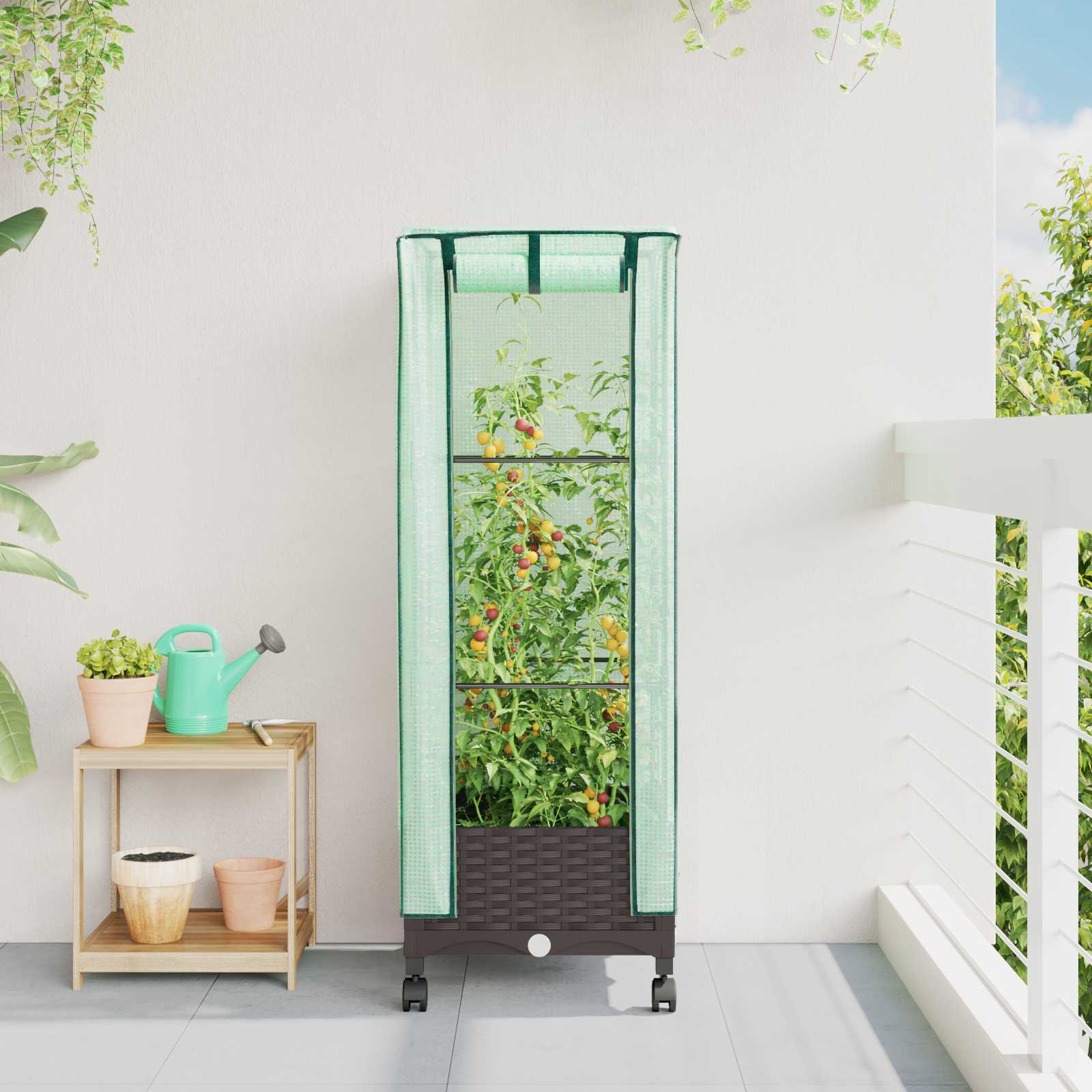 Tuinplantenbak met Kasbedekking en Wielen Bruin PP