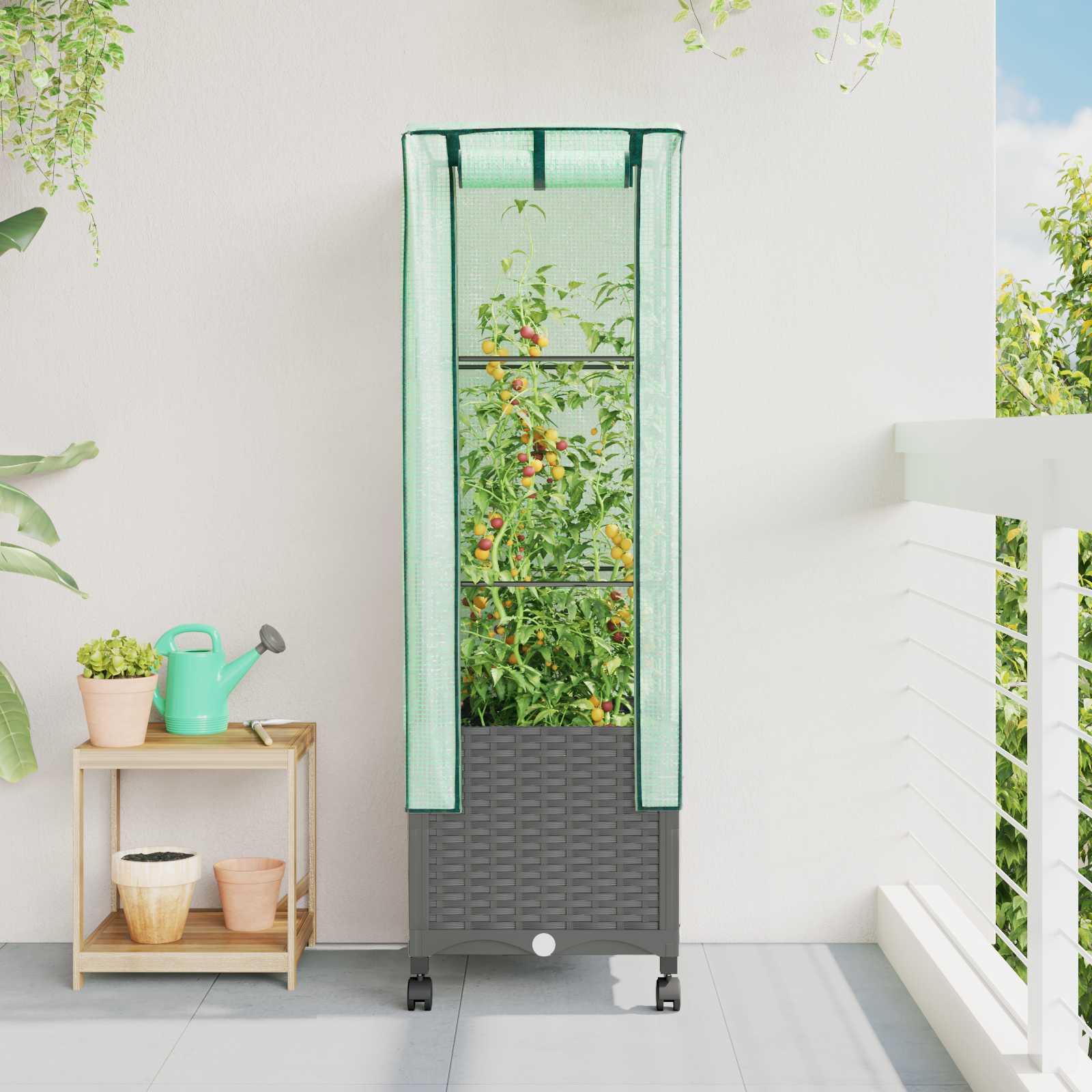 Tuinplantenbak met Kasbedekking en Wielen Lichtgrijs PP – afbeelding 1