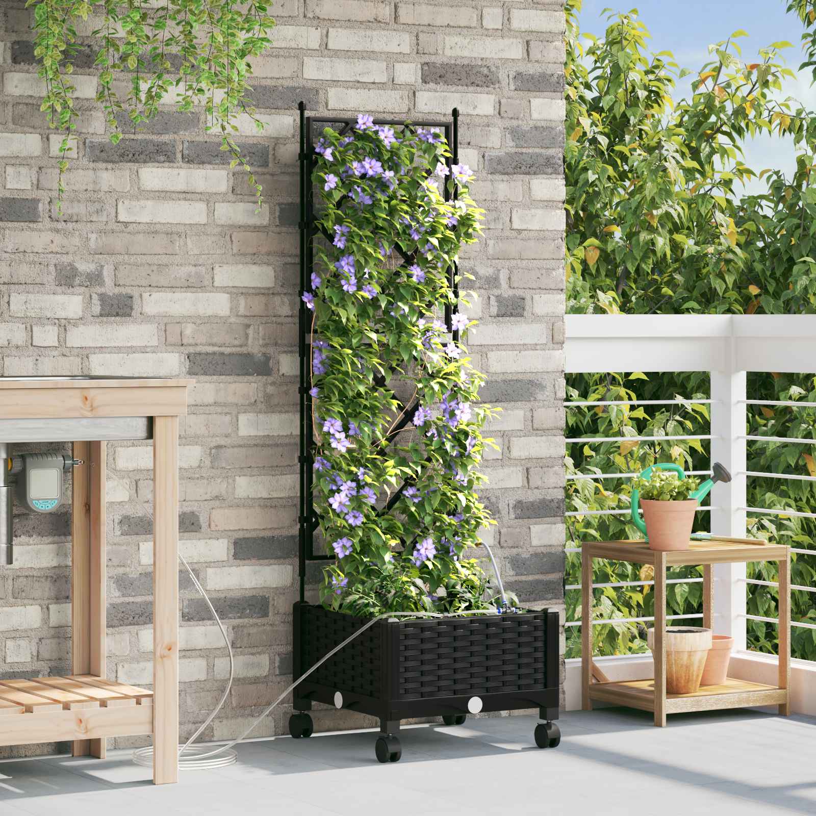 Tuin Pot met Irrigatie en Wielen Zwart 40 x 40 x 132 cm PP