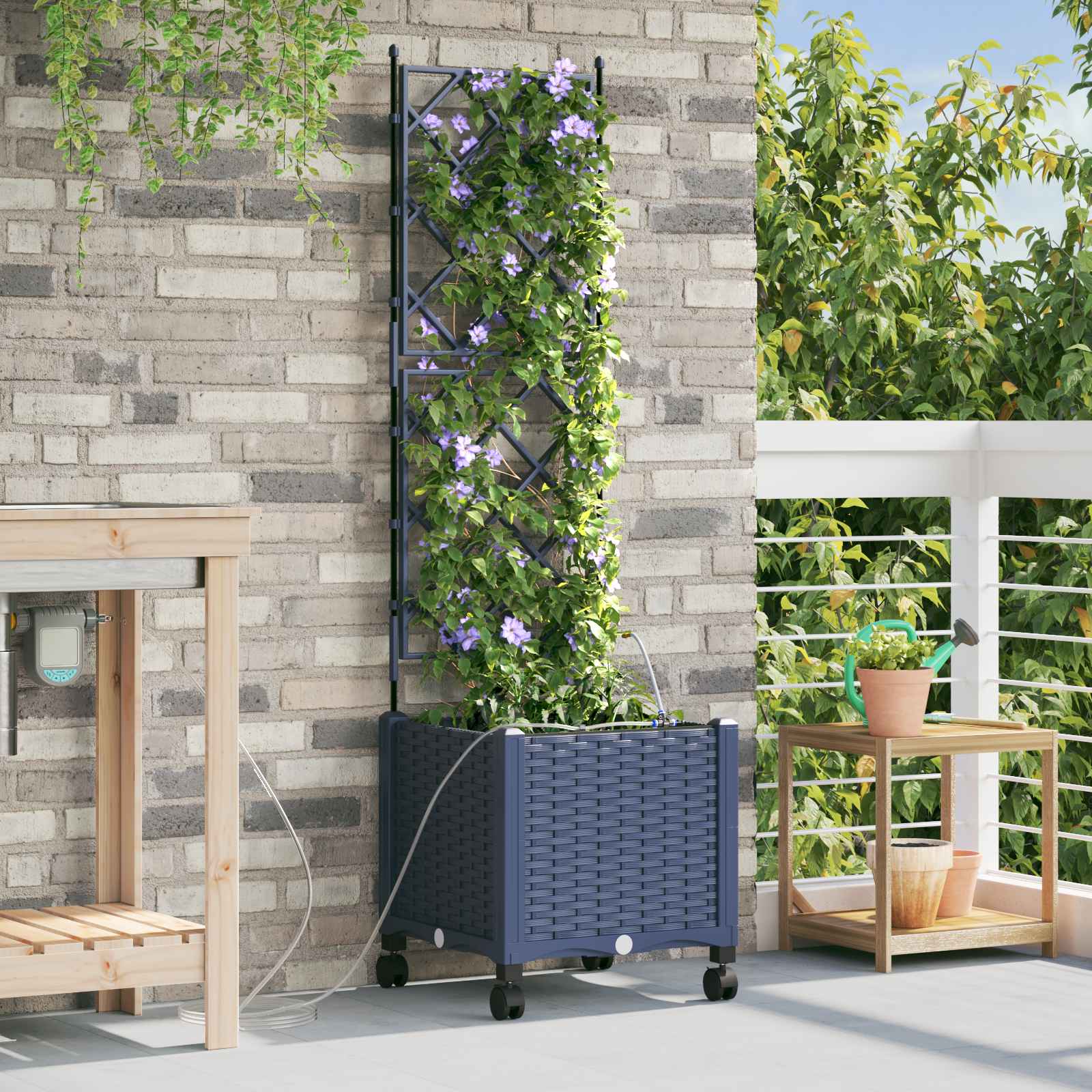 Tuin Pot met Irrigatie en Wielen Grijs 40 x 40 x 148 cm PP