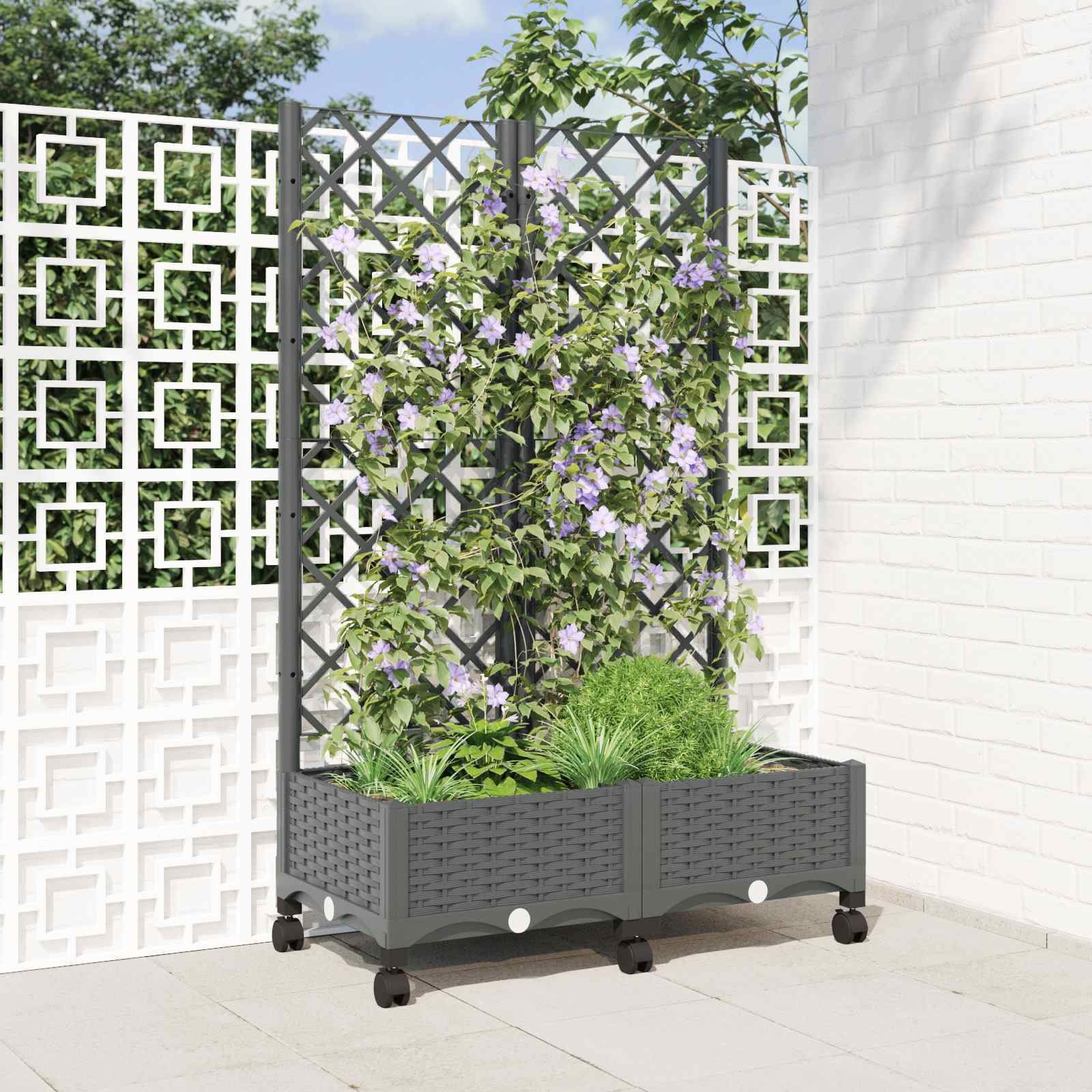 Tuinplantbak met schutting en wielen Lichtgrijs PP – afbeelding 1