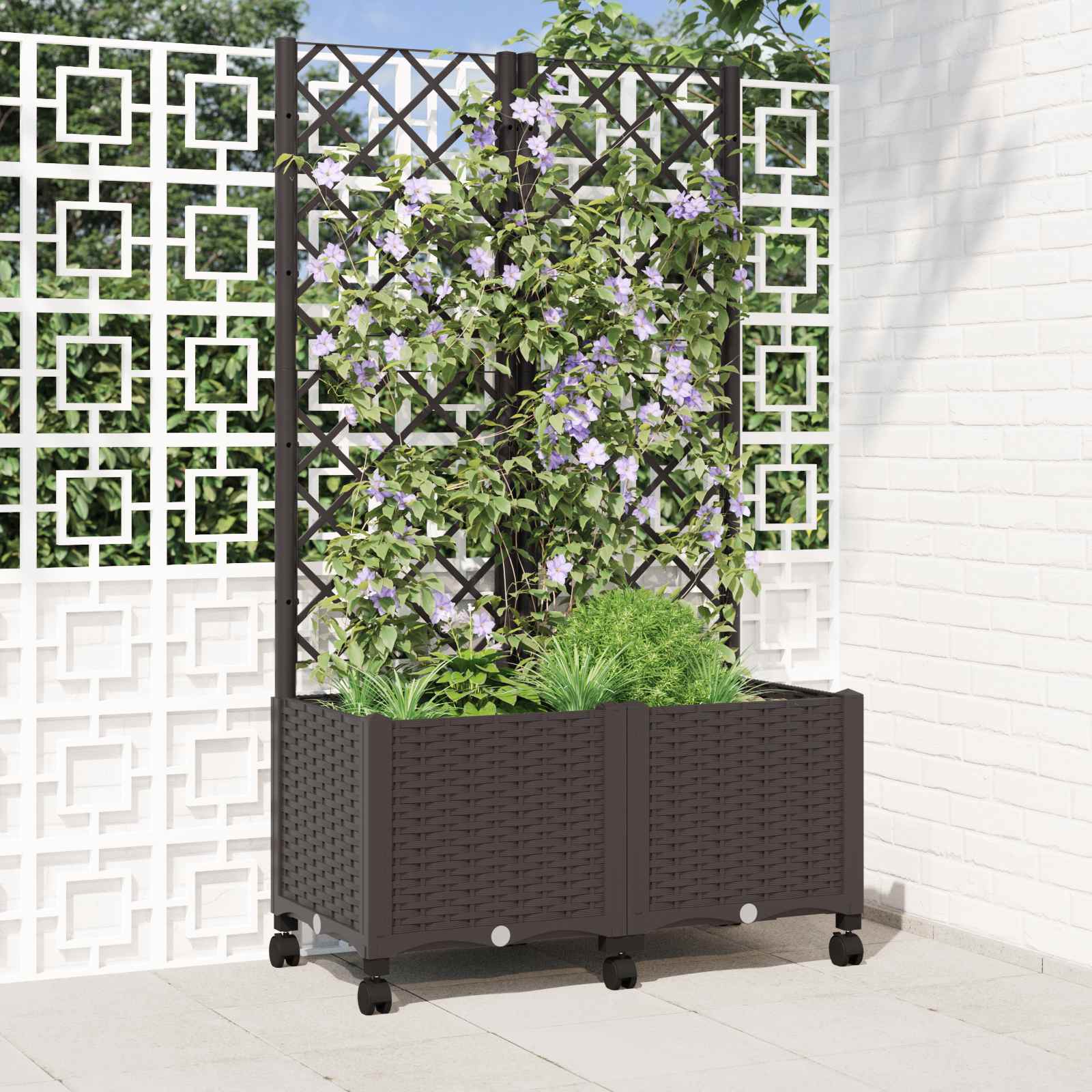 Tuinplantbak met schutting en wielen Bruin 80 x 40 x 146 cm PP