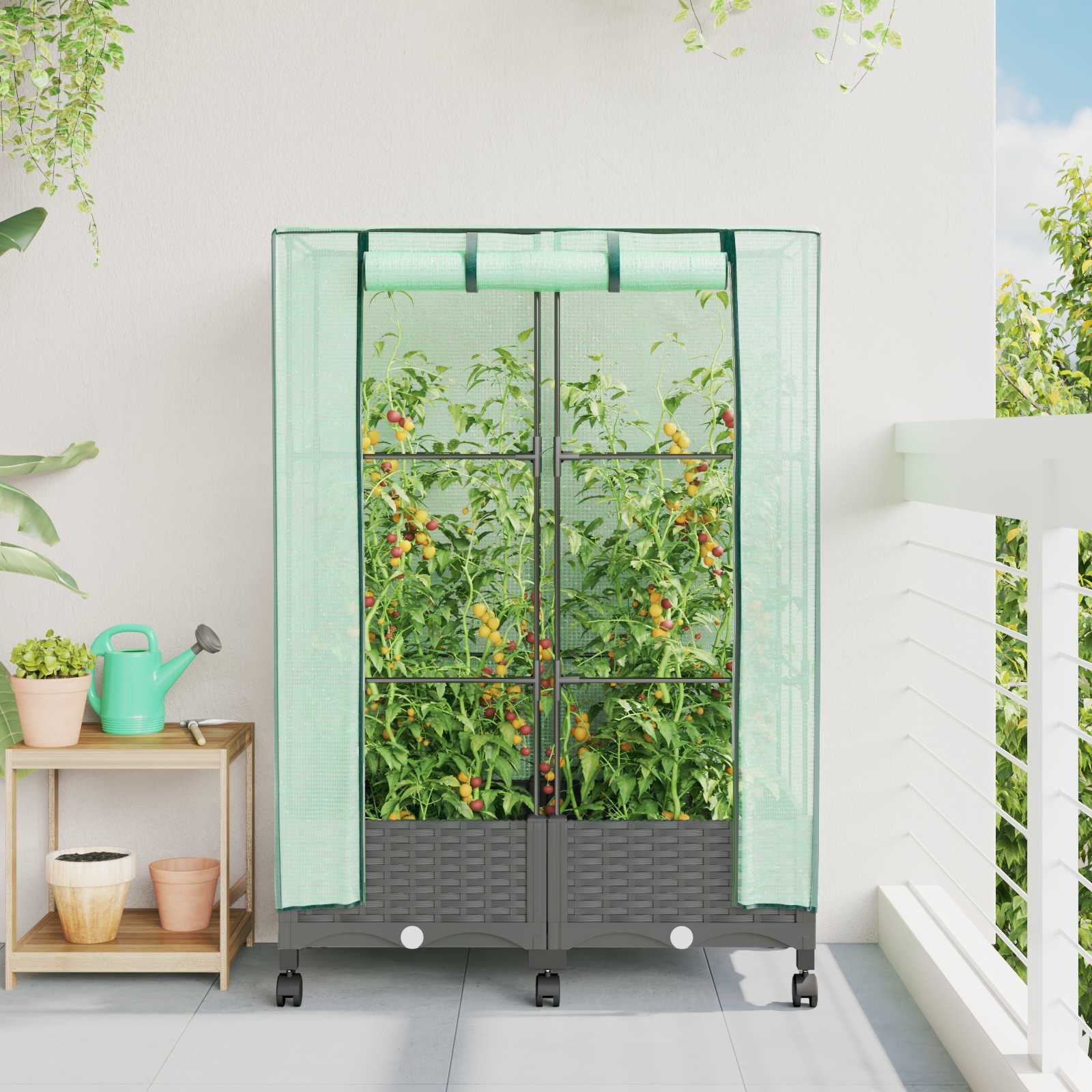 Tuinplantenbak met Kasbedekking en Wielen 2 st Lichtgrijs PP