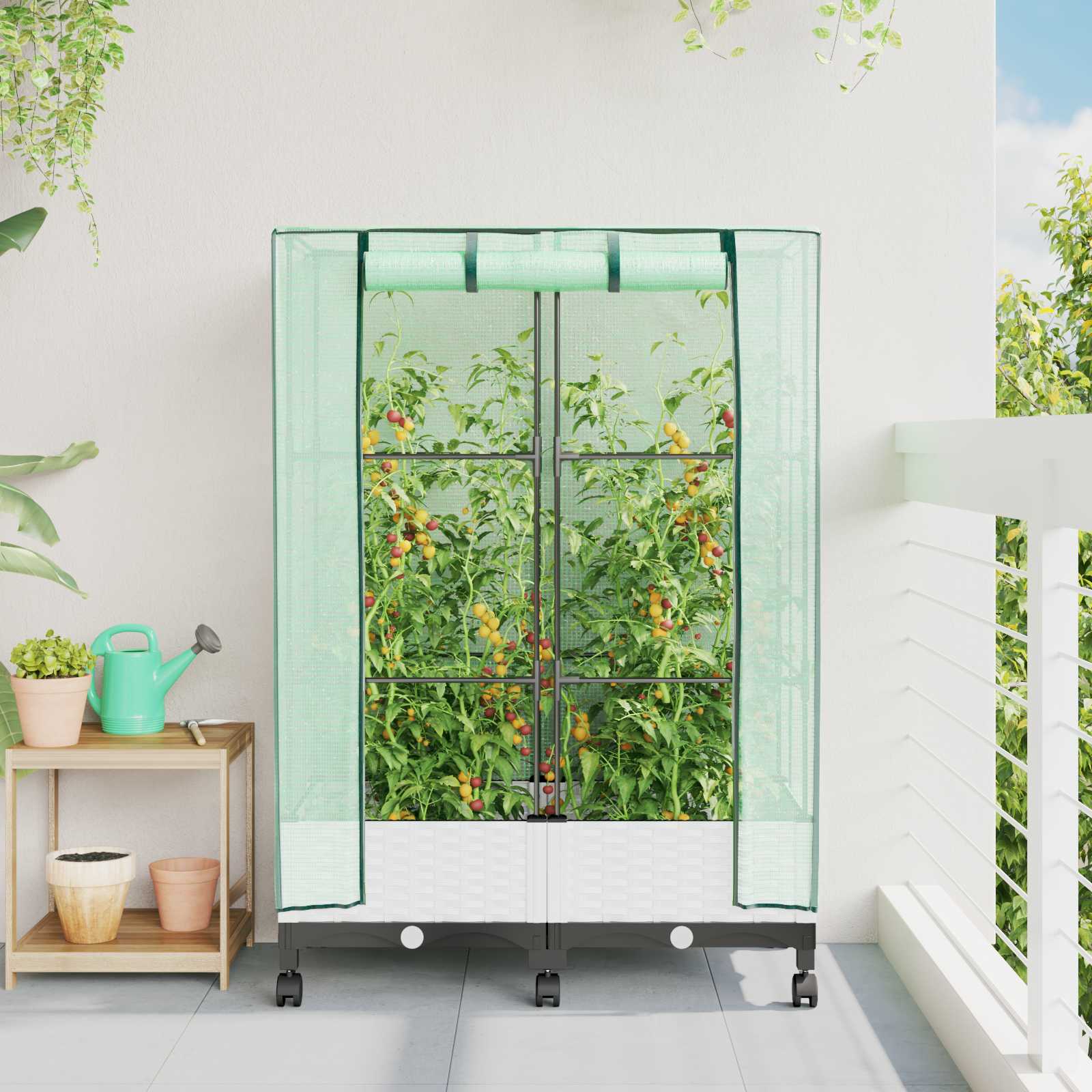 Tuinplantenbak met Kasbedekking en Wielen 2 st Wit PP