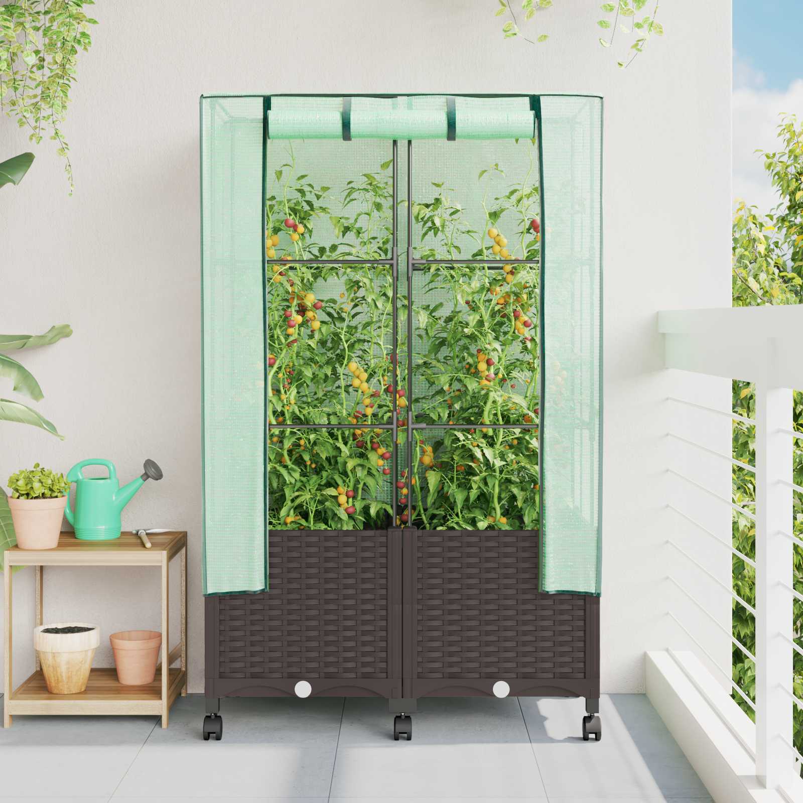 Tuinplantenbak met Kasbedekking en Wielen 2 st Bruin PP