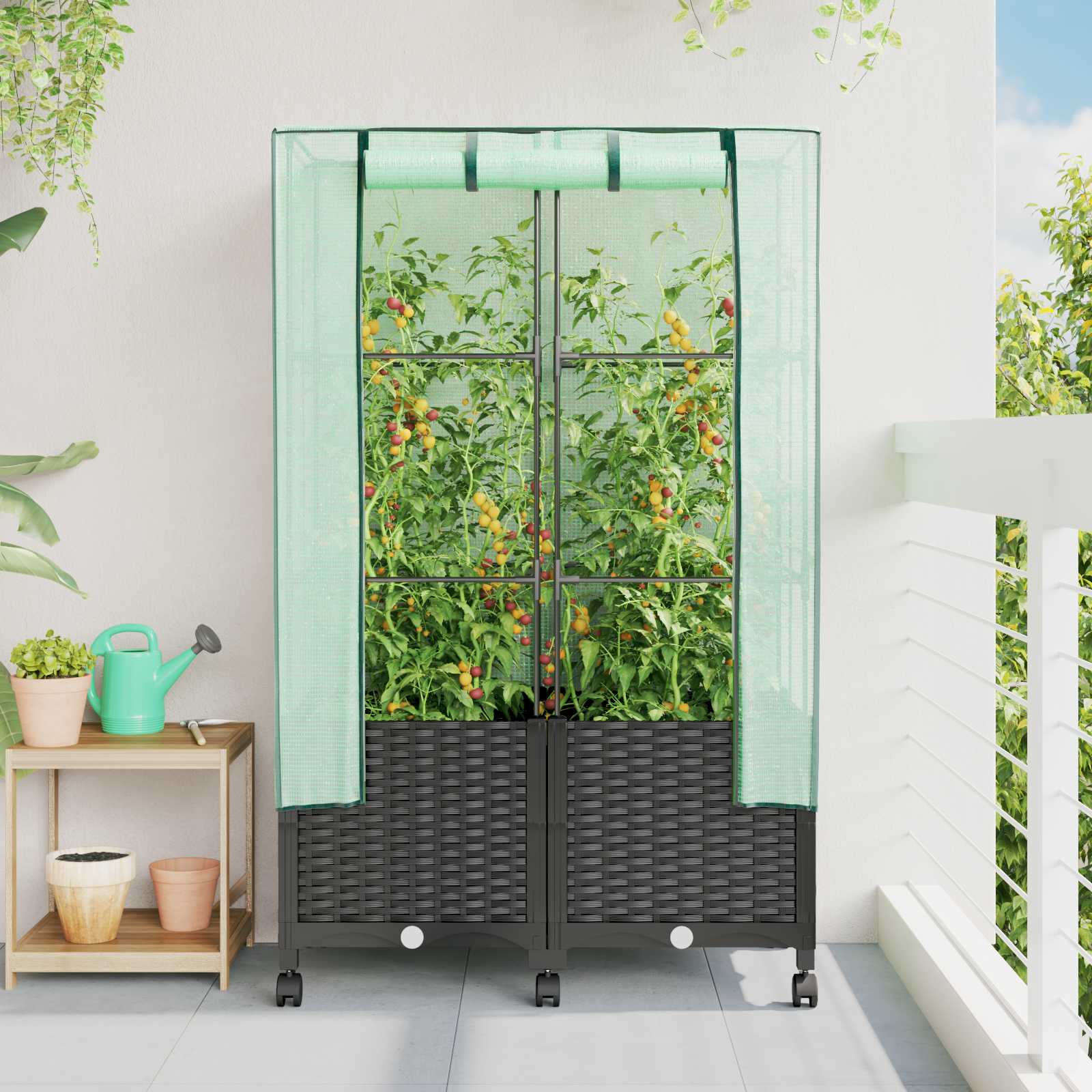 Tuinplantenbak met Kasbedekking en Wielen 2 st Zwart PP – afbeelding 1