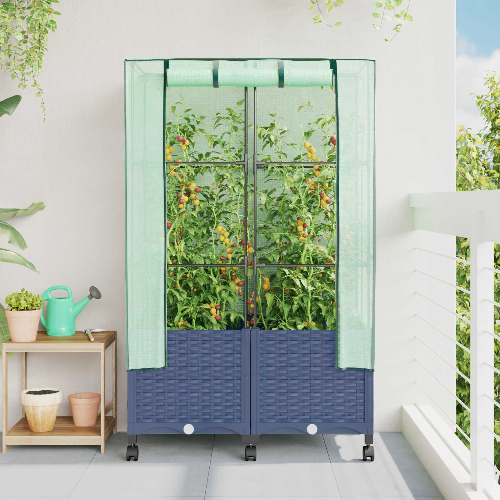 Tuinplantenbak met Kasbedekking en Wielen 2 st Blauw Grijs PP – afbeelding 1