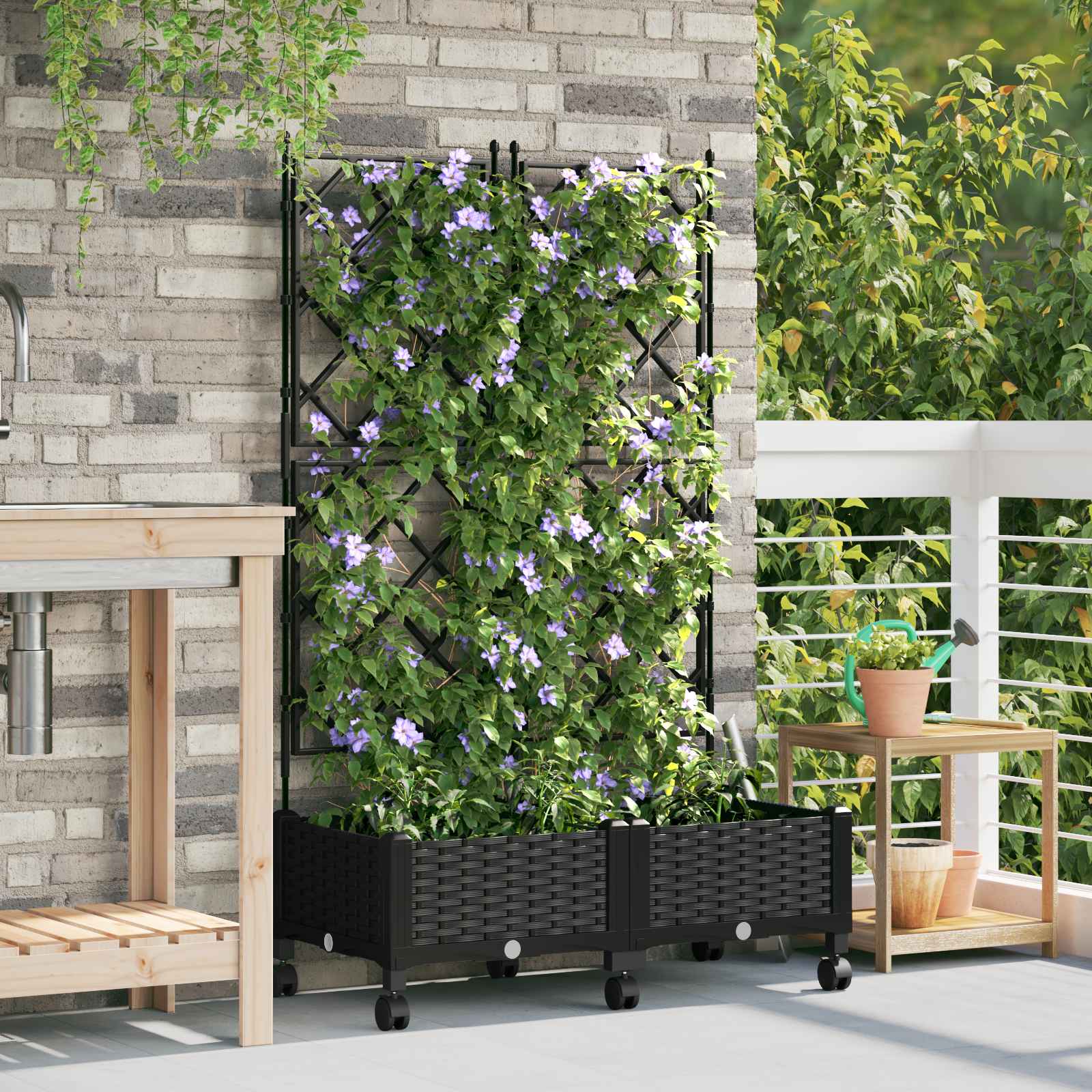Tuinplantbak met schutting en wielen 2 st Zwart PP