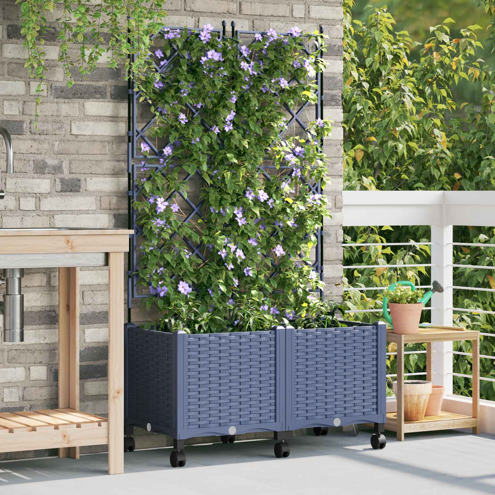 Tuinplantbak met schutting en wielen 2 st Grijs PP