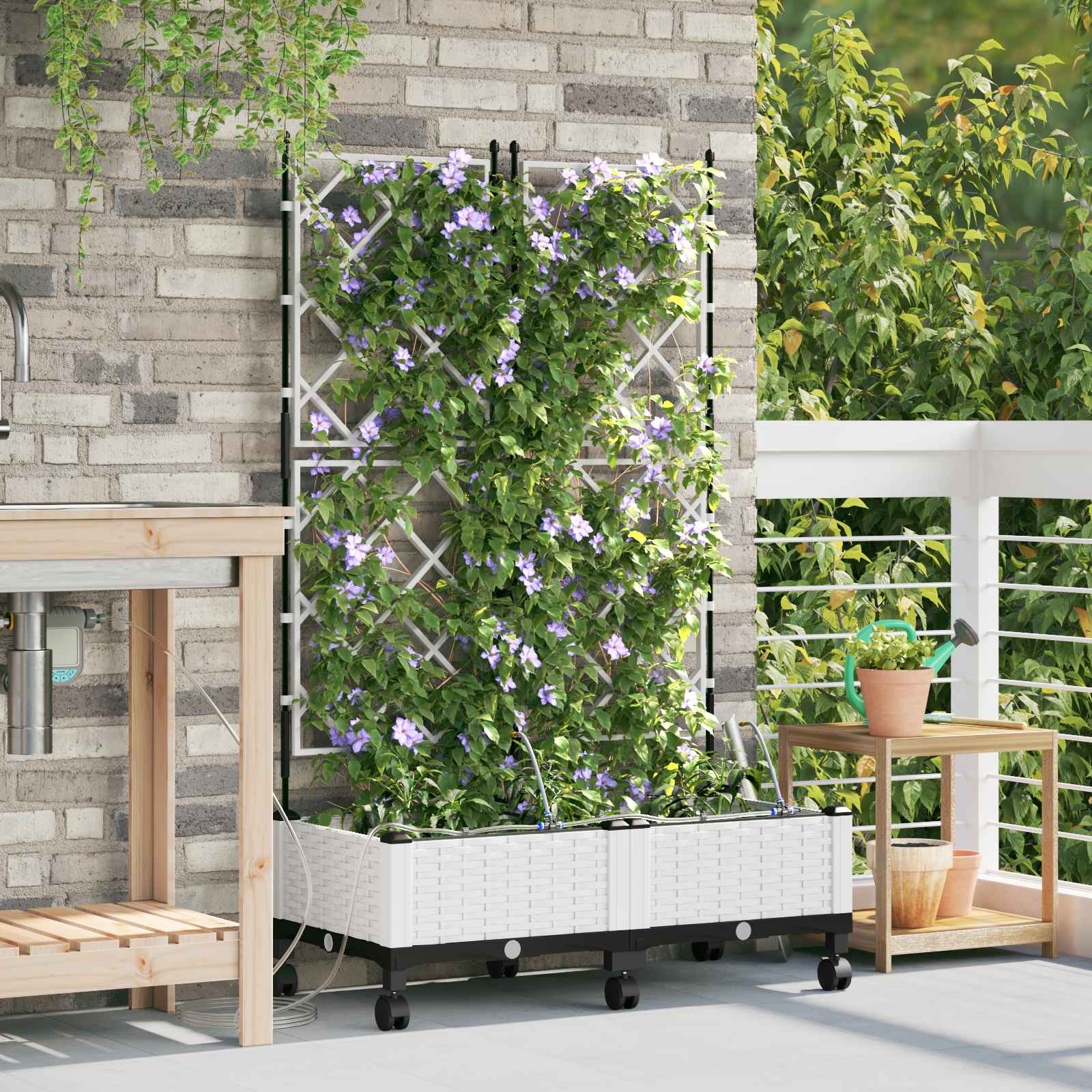 Tuin Pot met Irrigatie en Wielen 2 st Wit 80 x 40 x 132 cm PP