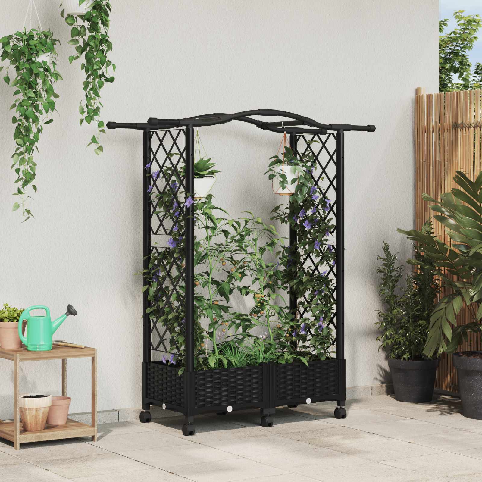 Verhoogd Bed met Trellis en Dak Zwart 124 x 40 x 129 cm PP