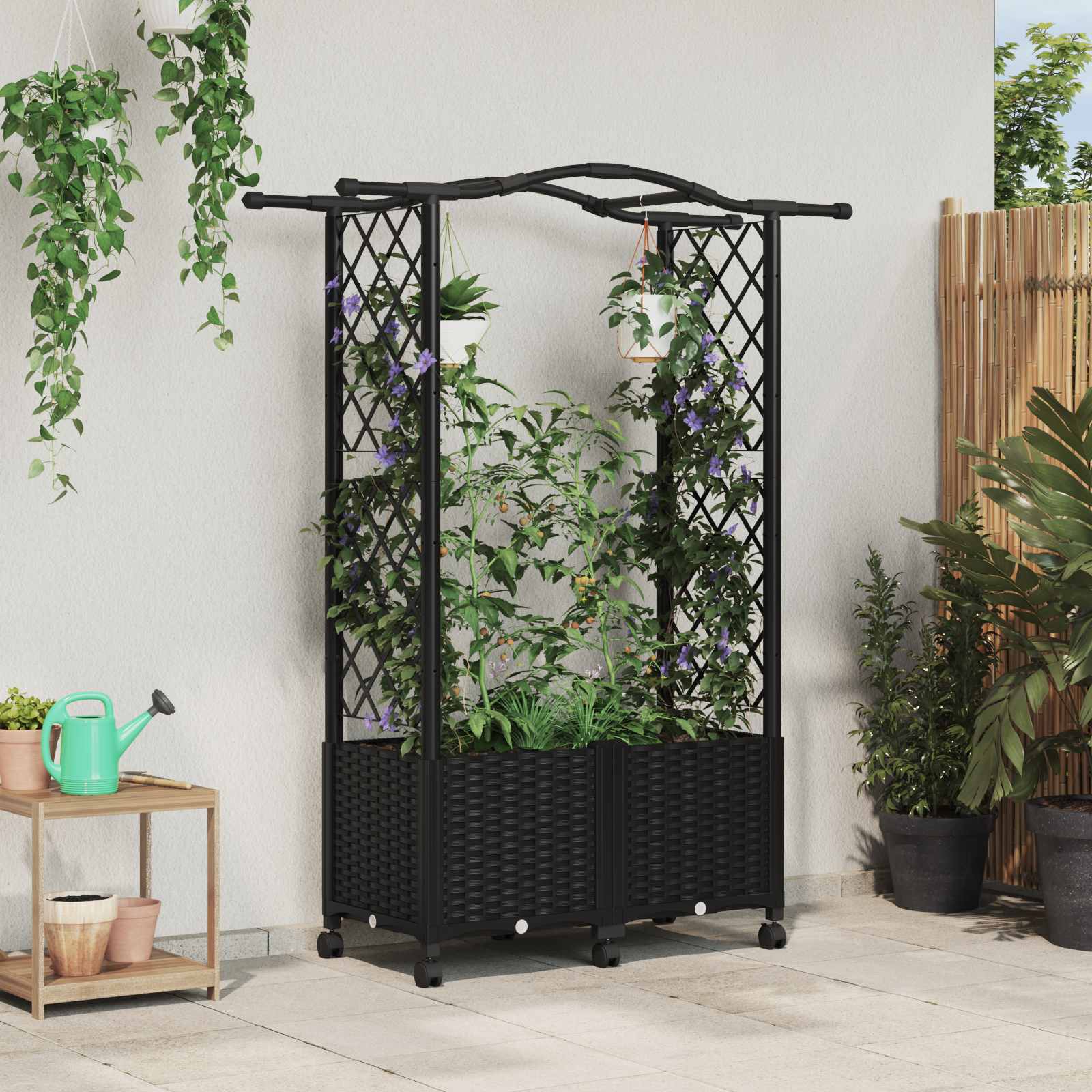 Verhoogd Bed met Trellis en Dak Zwart 125 x 40 x 144 cm PP