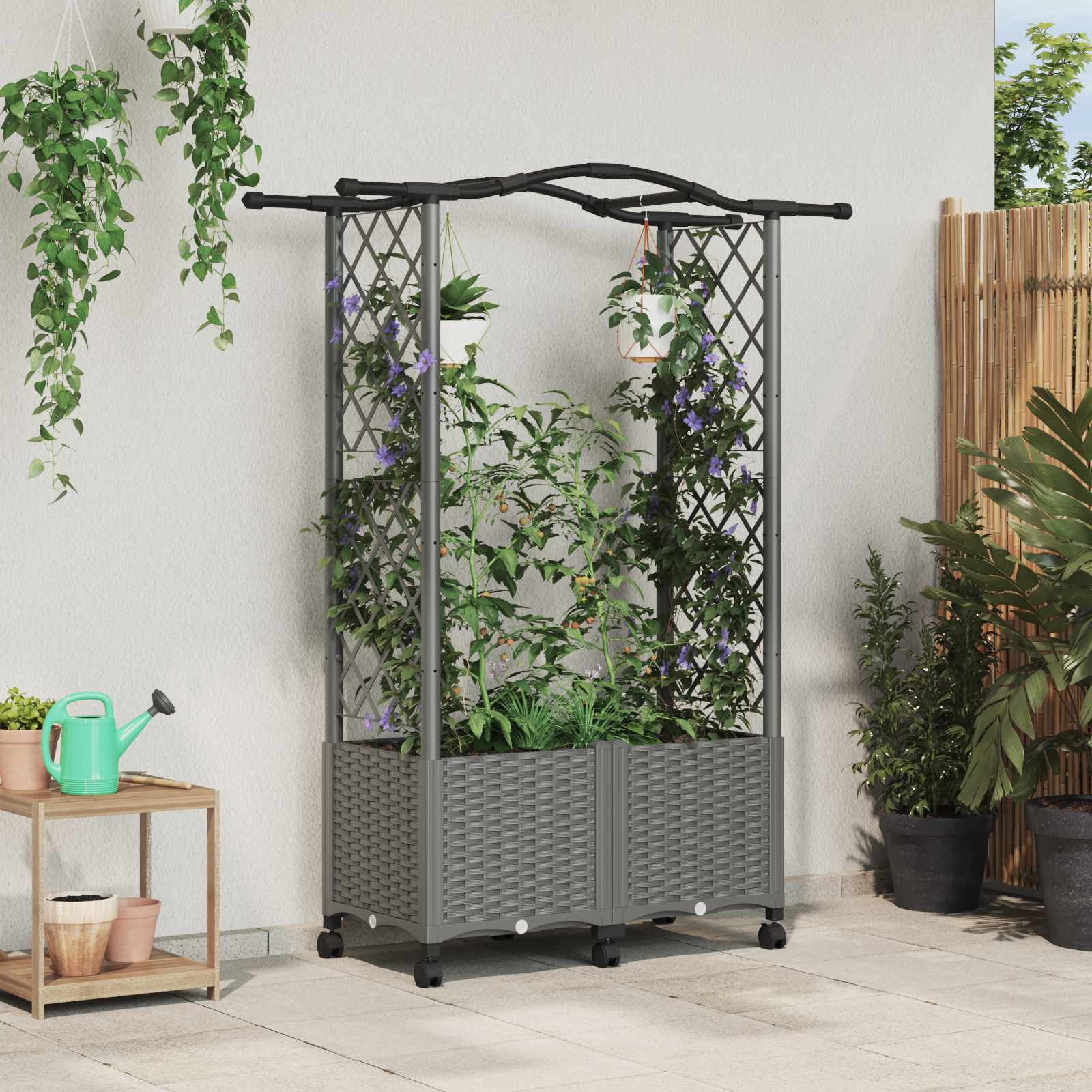 Verhoogd Bed met Trellis en Dak Lichtgrijs 125 x 40 x 144 cm PP