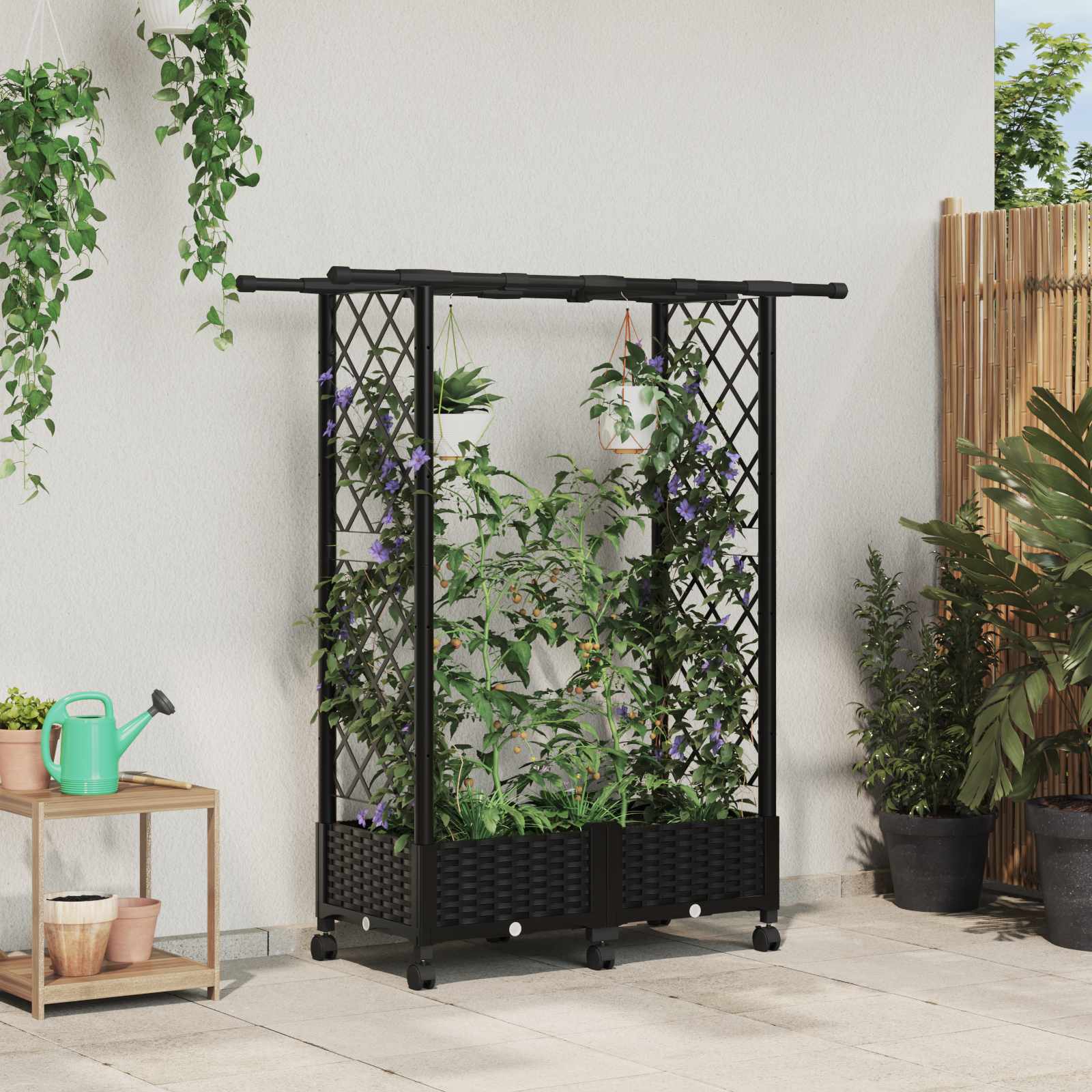 Verhoogd Bed met Trellis en Dak Zwart 122,5 x 40 x 127 cm PP – afbeelding 1
