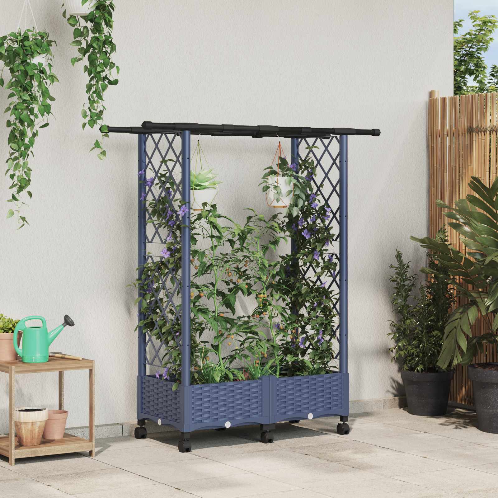 Verhoogd Bed met Trellis en Dak Grijs 122,5 x 40 x 127 cm PP