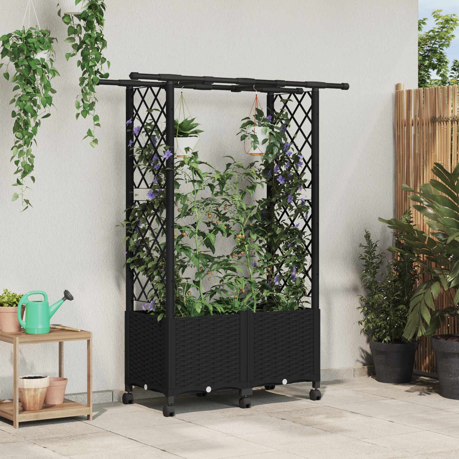 Verhoogd Bed met Trellis en Dak Zwart 124,5 x 40 x 142 cm PP